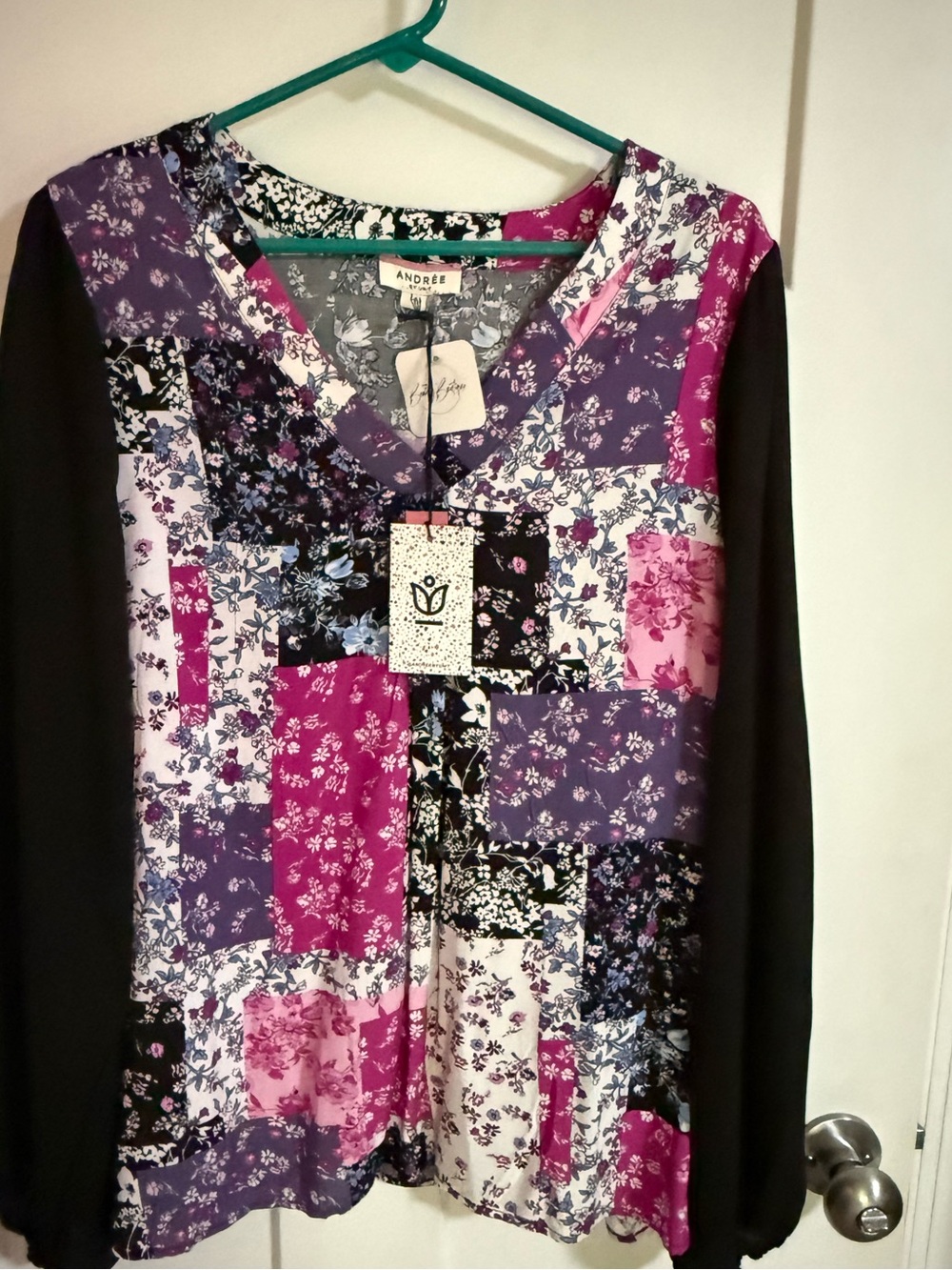 ANDREW Floral Patchwork V-Neck Blouse in Purple & Fuchsia
